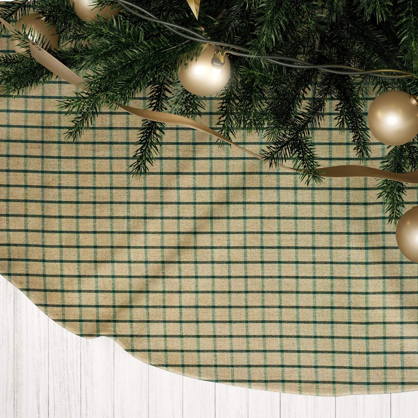 Tan and Green Homespun Windowpane Plaid Country Christmas Tree Skirts