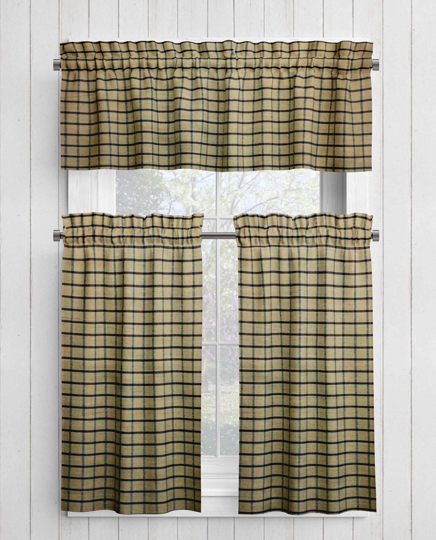 Tan and Black Windowpane Plaid Homespun Valances and Cafe Curtains