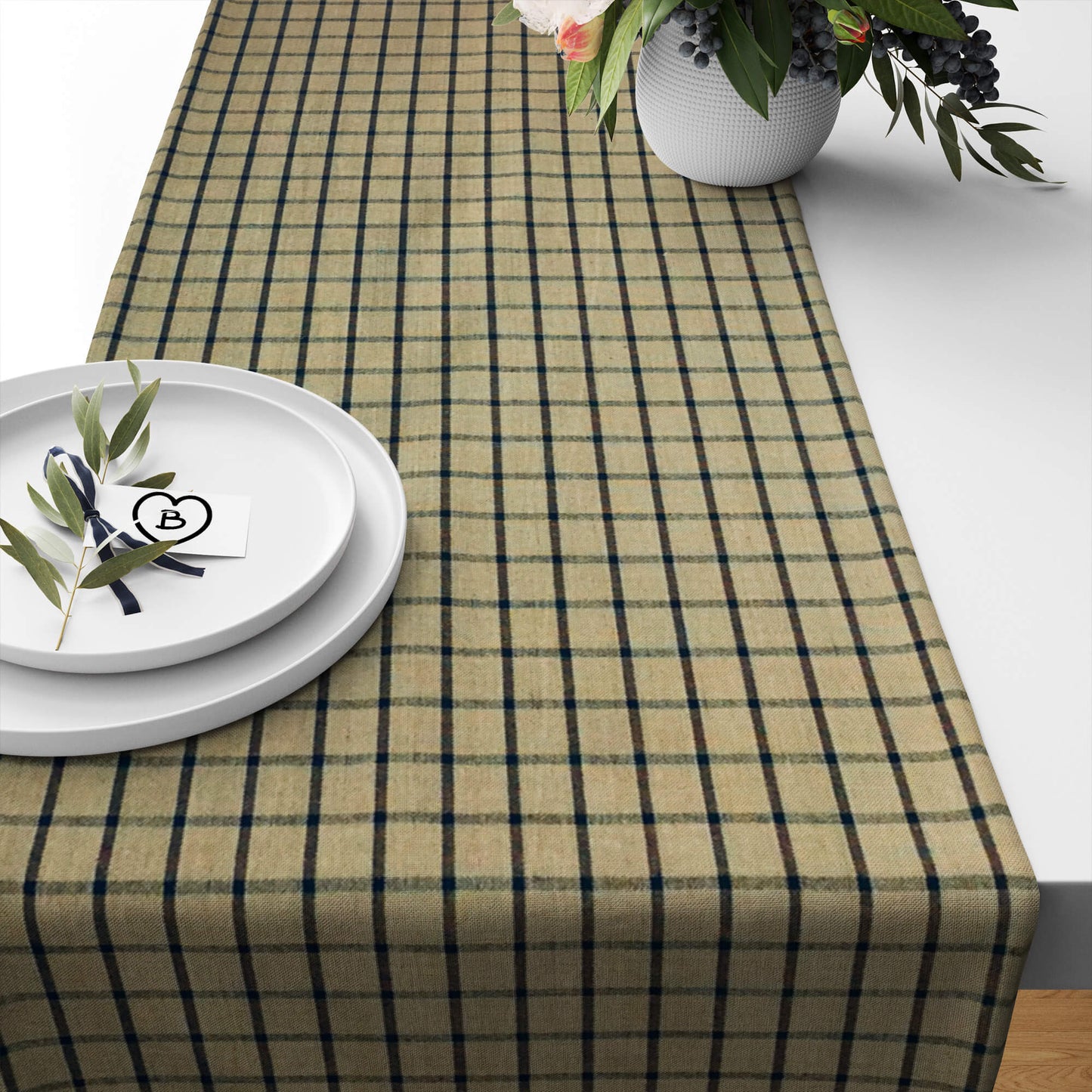 Tan and Black Windowpane Plaid Homespun Table Runners