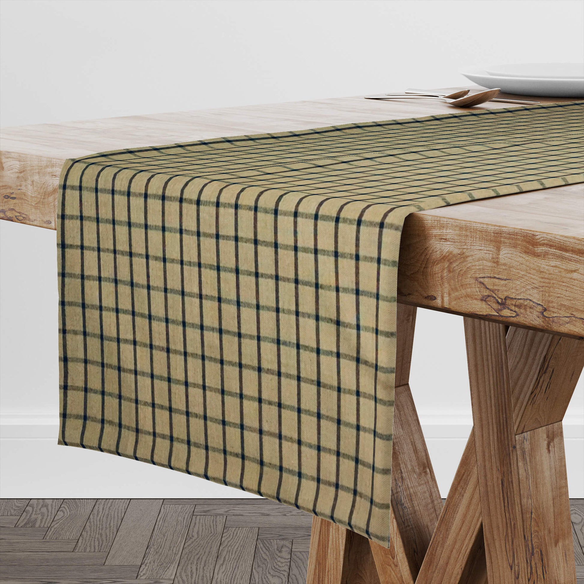 Tan and Black Windowpane Plaid Homespun Table Runners