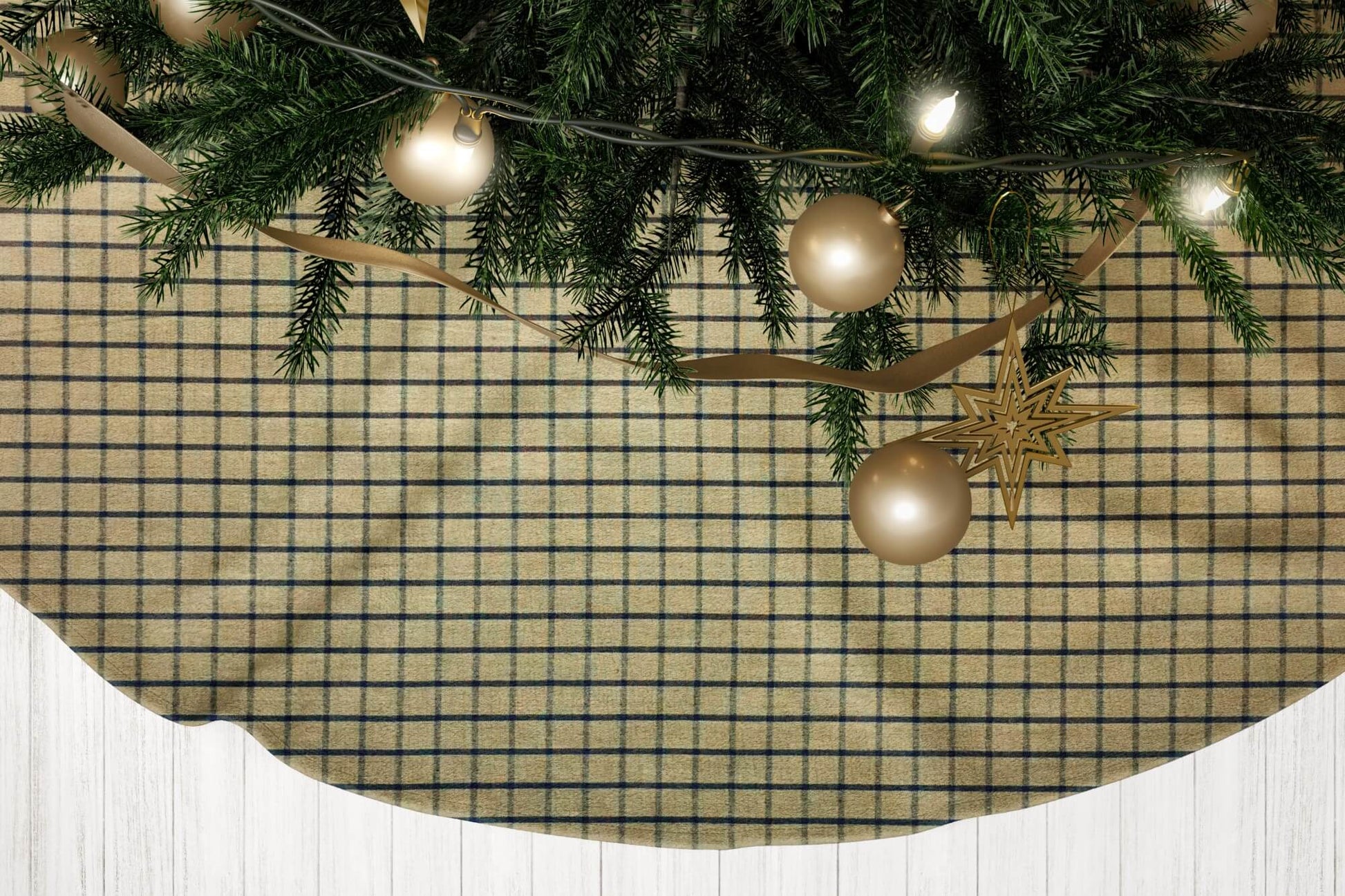 Tan and Black Homespun Windowpane Plaid Country Christmas Tree Skirts