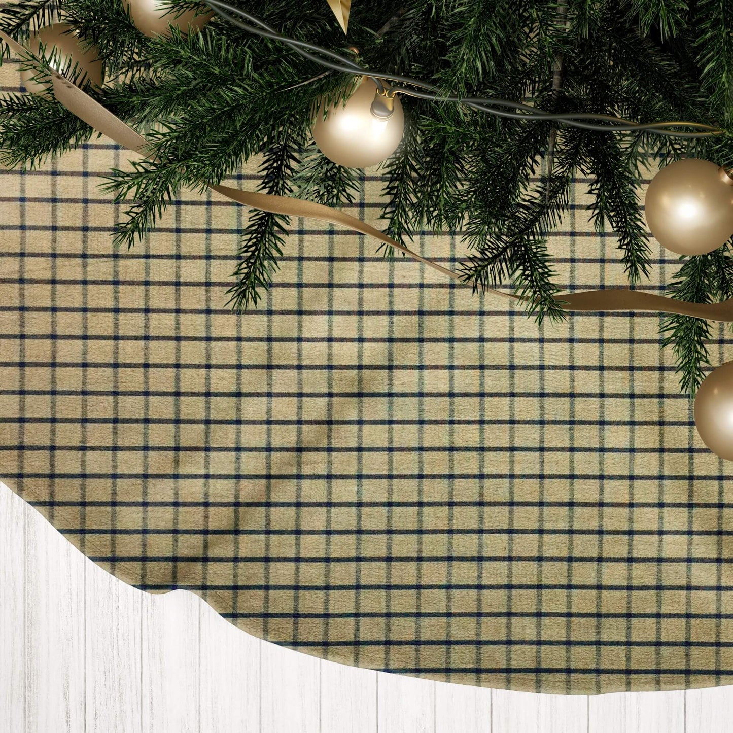 Tan and Black Homespun Windowpane Plaid Country Christmas Tree Skirts