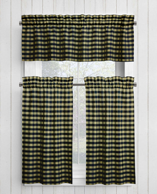 Black and Tan Homespun Check Valances and Cafe Curtains