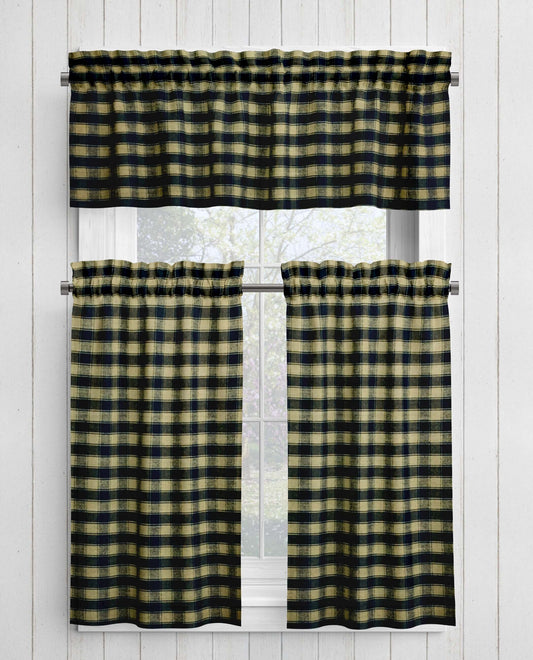 Black and Tan House Check Homespun Plaid Valances and Cafe Curtains