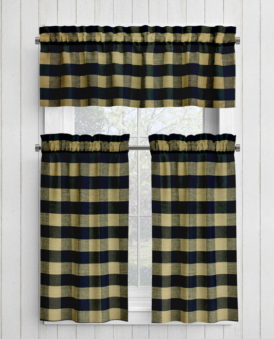 Black and Tan Buffalo Check Homespun Valances and Cafe Curtains