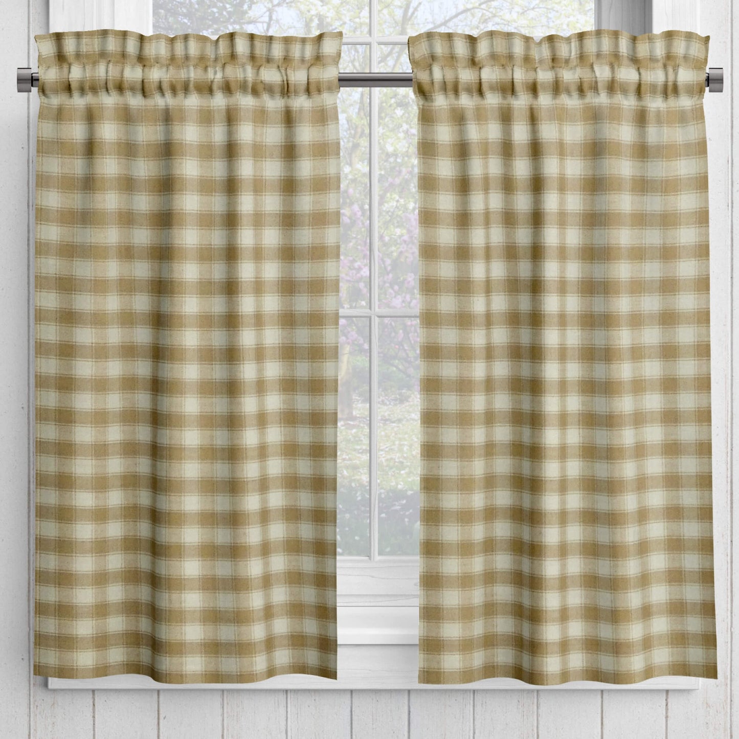 Cream and Beige House Check Homespun Valances and Cafe Curtains