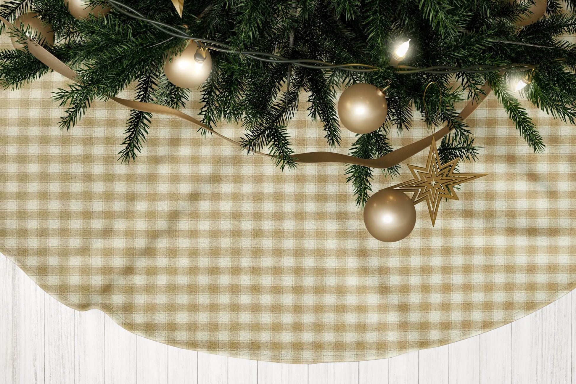 Cream and Beige Homespun House Check Plaid Country Christmas Tree Skirts