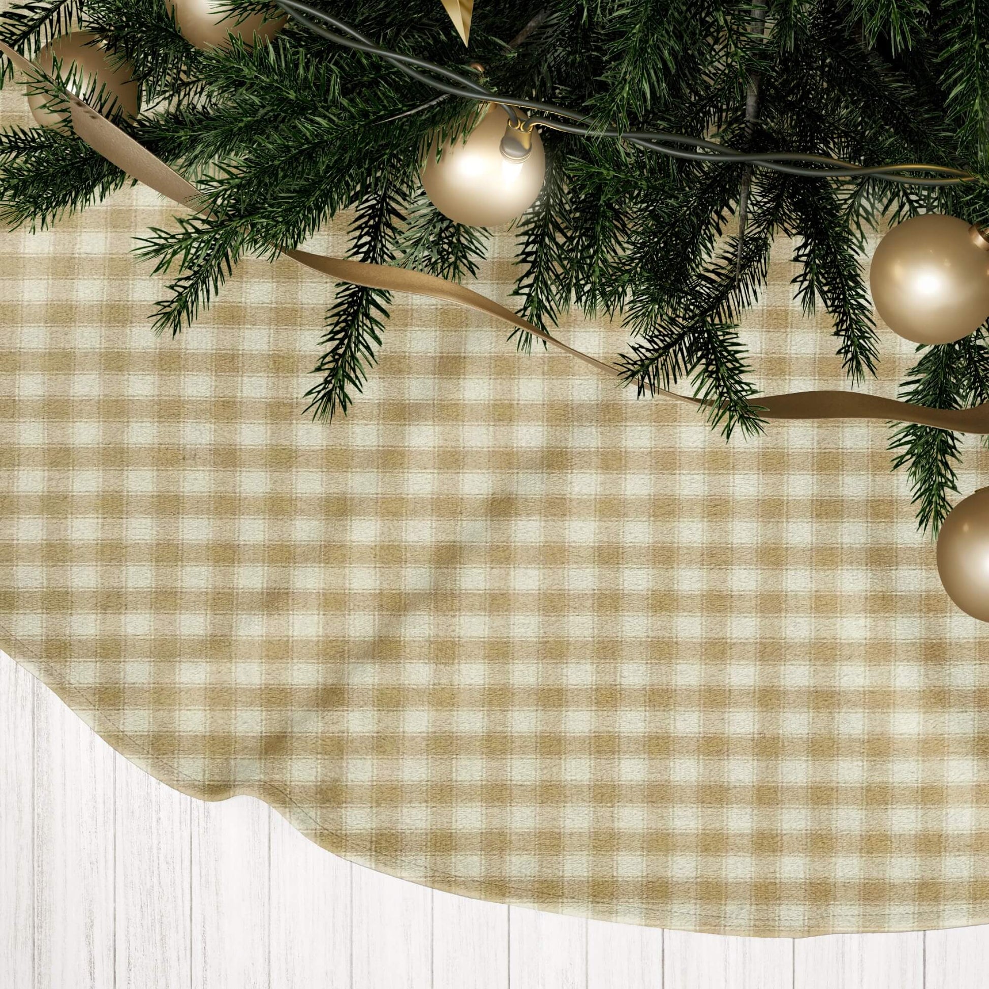 Cream and Beige Homespun House Check Plaid Country Christmas Tree Skirts