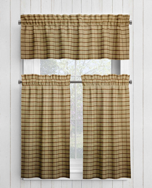 Brown and Tan Windowpane Homespun Plaid Valances Cafe Curtains pattern 90