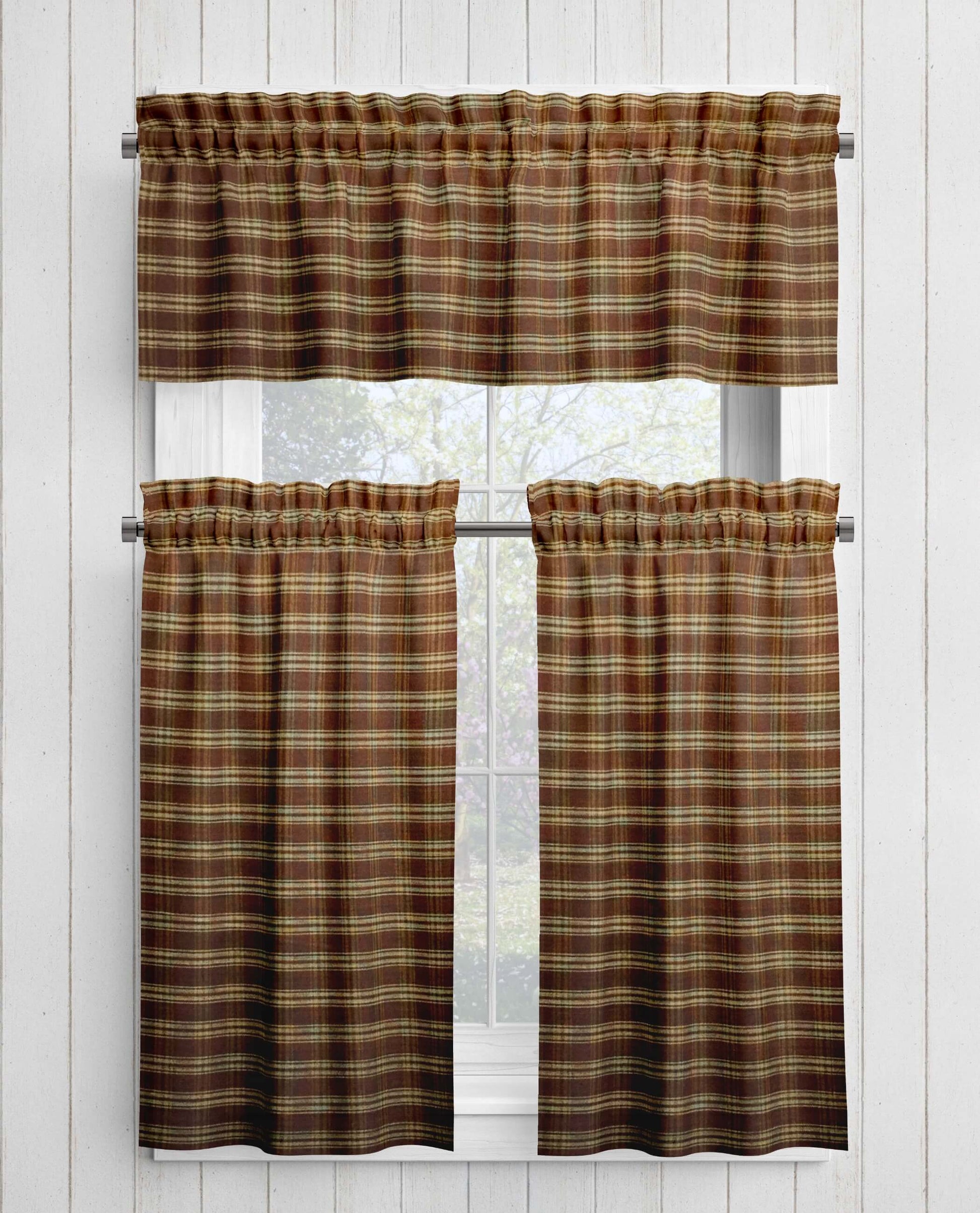 Brown and Tan Catawba Plaid Homespun Valances and Cafe Curtains