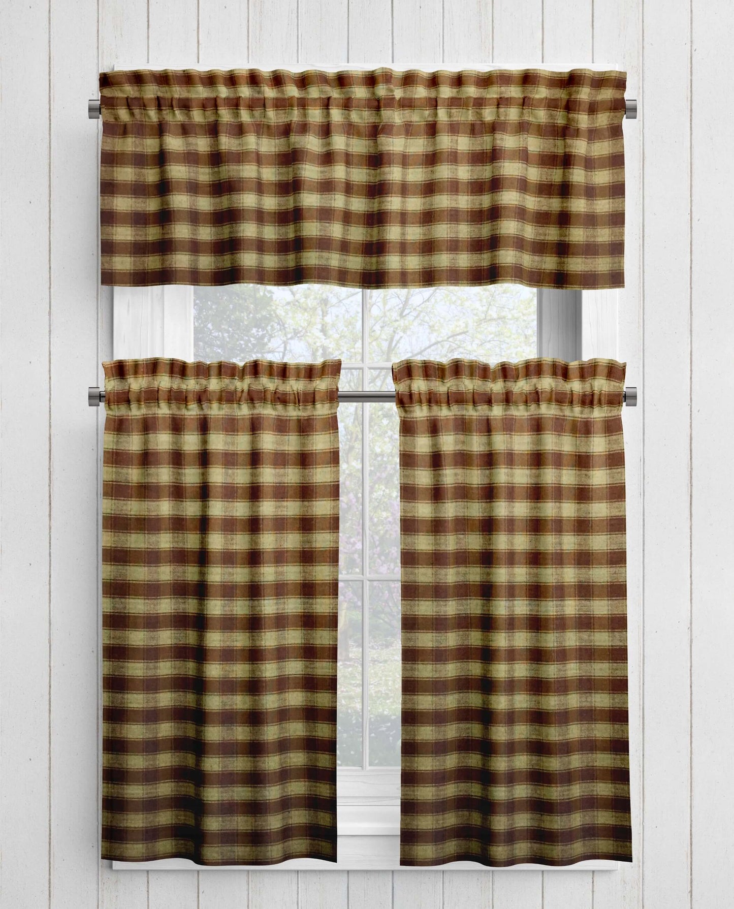 Brown and Tan House Check Plaid Homespun Valances and Cafe Curtains