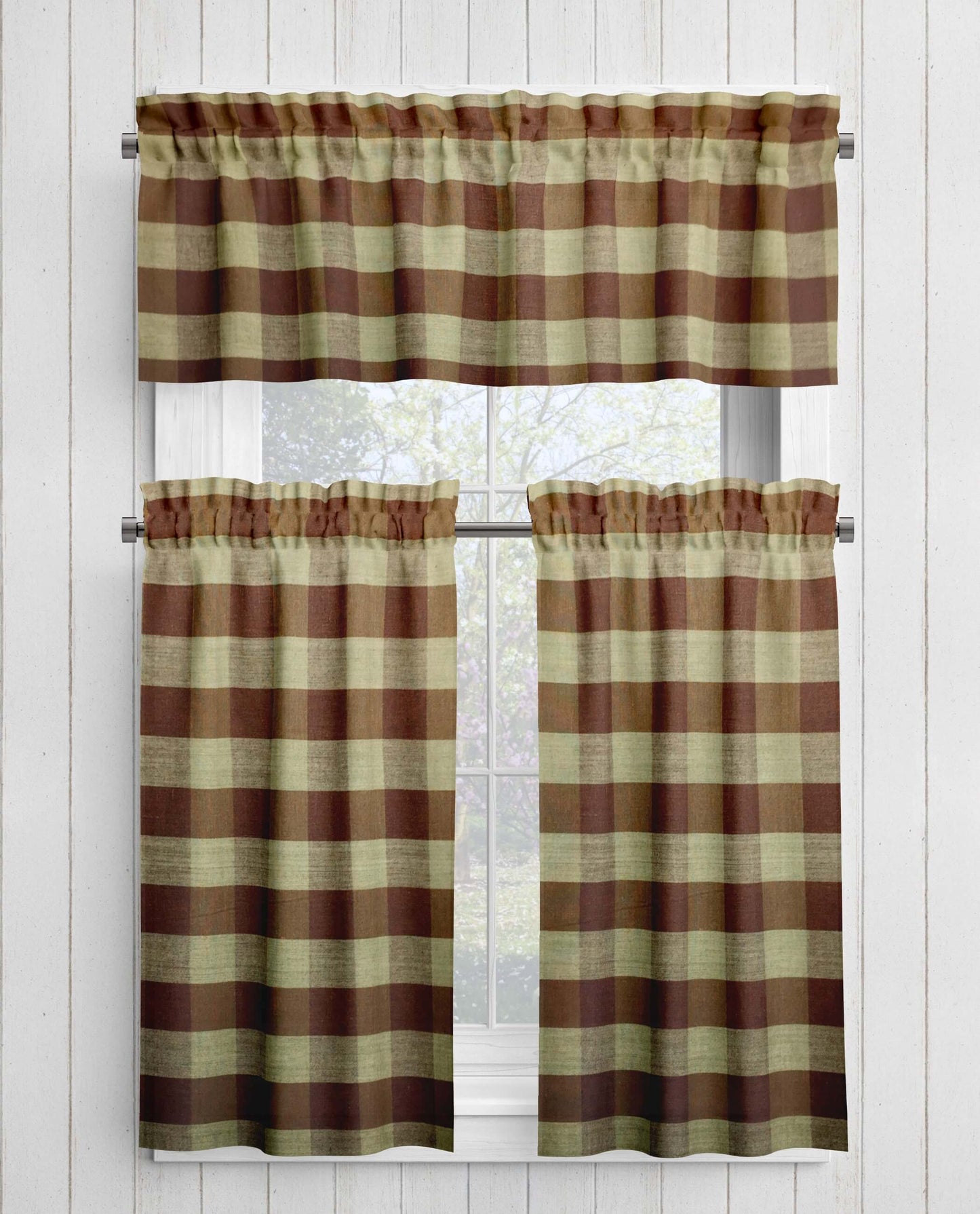 Brown and Tan Buffalo Check Homespun Valances and Cafe Curtains