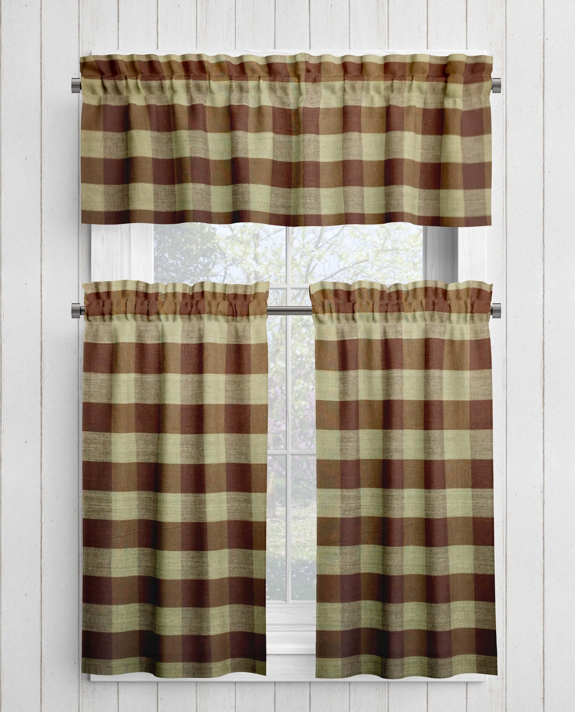 Brown and Tan Buffalo Check Homespun Valances and Cafe Curtains