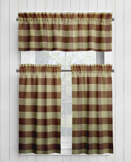 Brown and Tan Buffalo Check Homespun Valances and Cafe Curtains