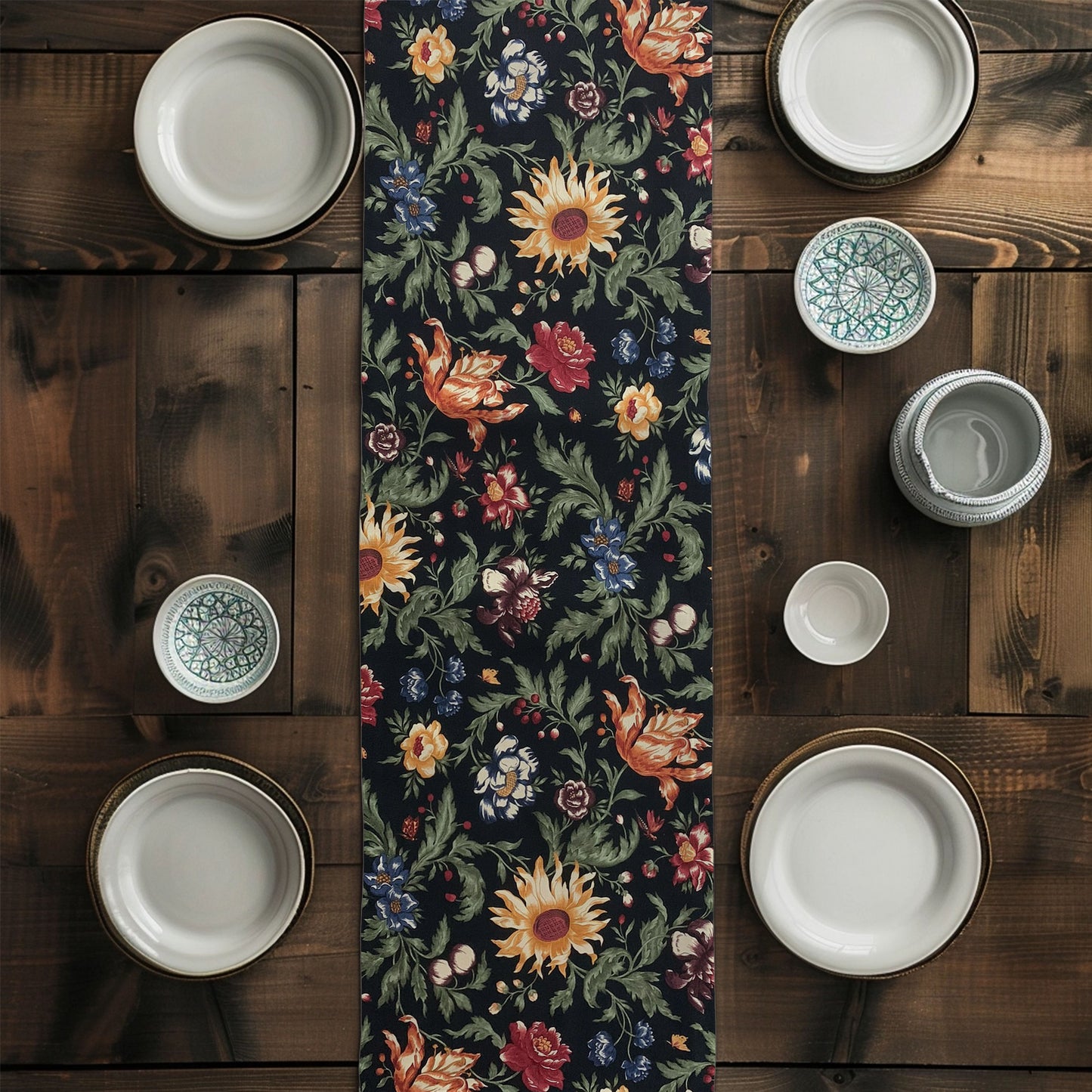 Floral Black Table Runners French Country Farmhouse Decor