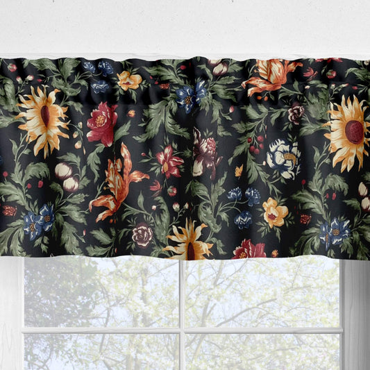 Garden Flowers Black Floral Valances and Cafe Curtains