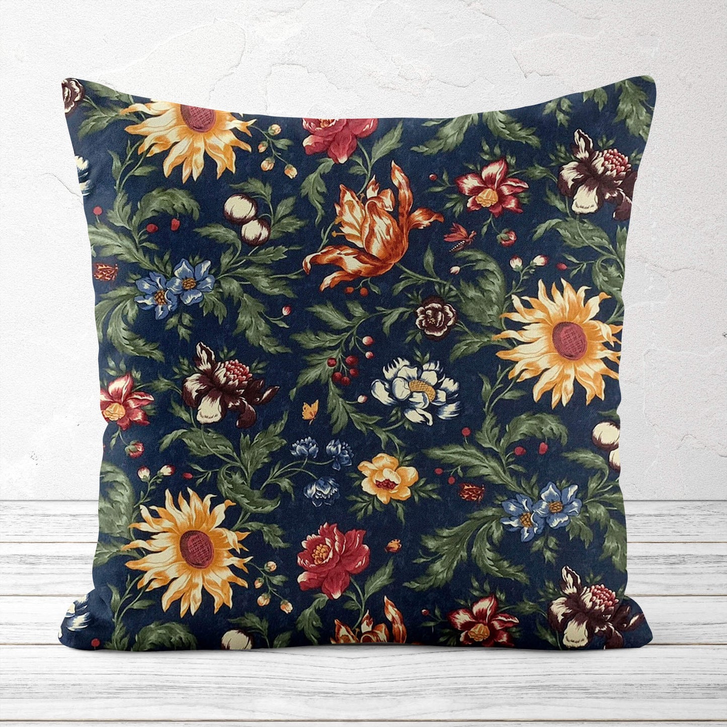 Garden Flowers Floral Navy Blue Pillow Covers and Euro Shams