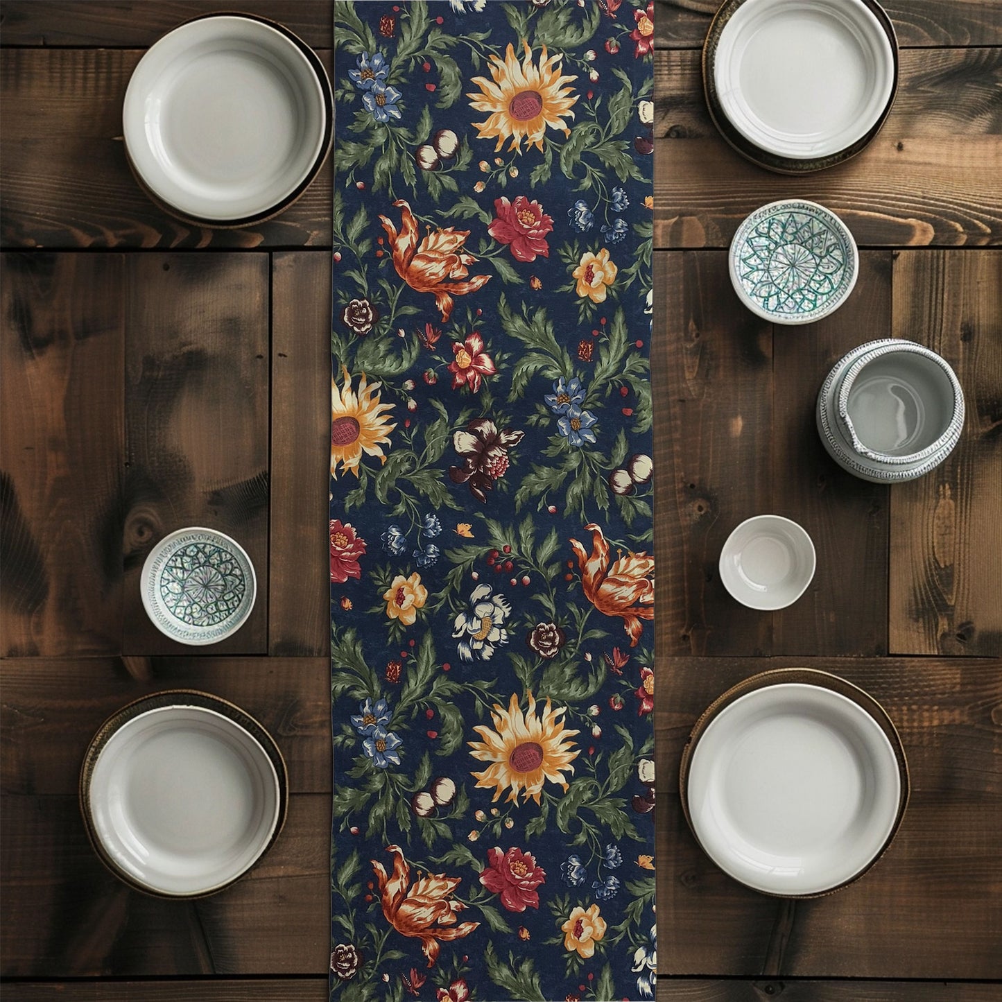 Floral Navy Blue Table Runners French Country Farmhouse Decor