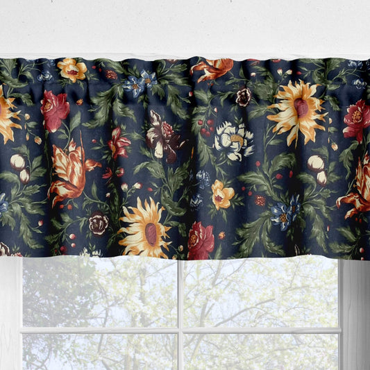 Garden Flowers Floral Navy Blue Valances and Cafe Curtains