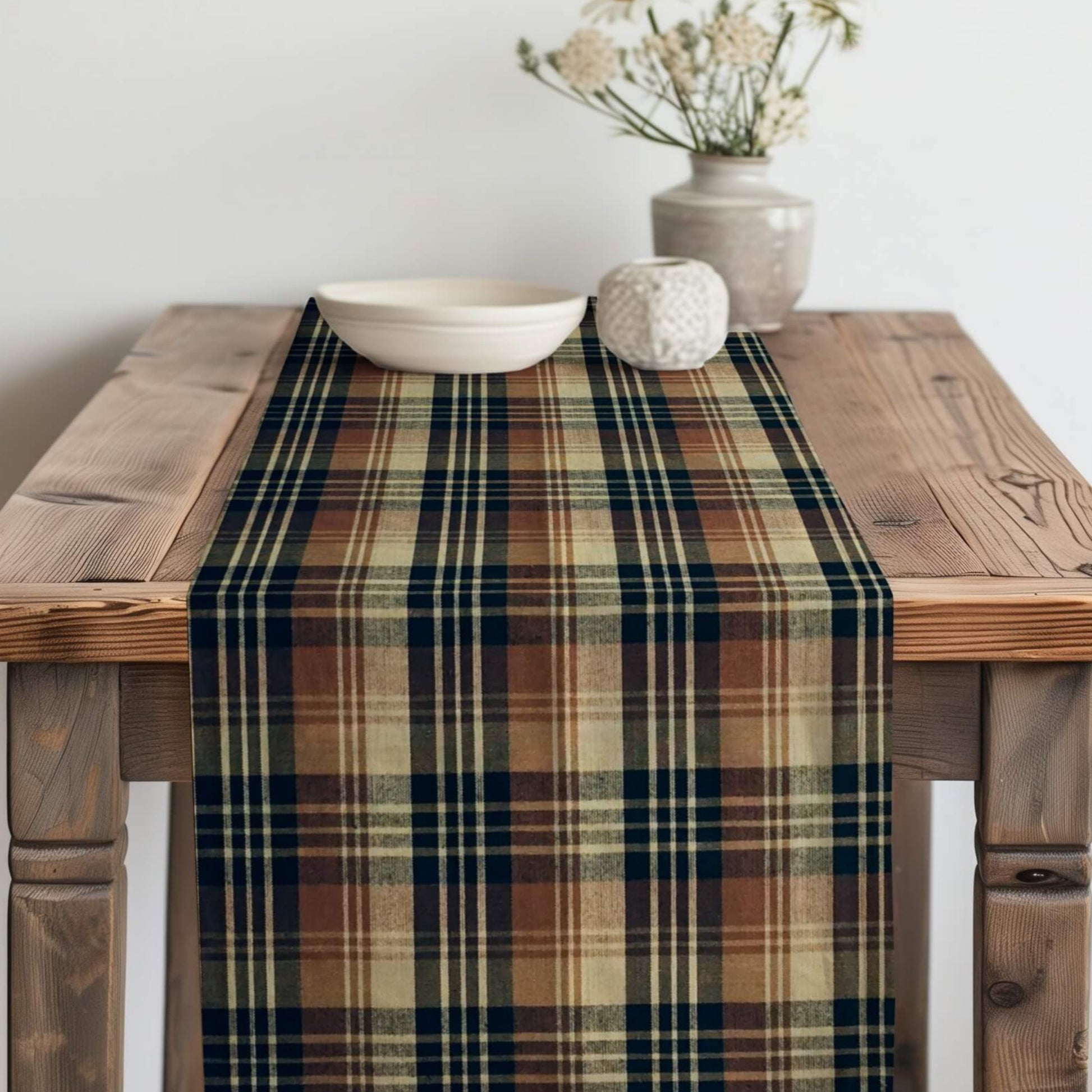 Black, Brown, and Tan Homespun Plaid Table Runner Placemat pattern 1083