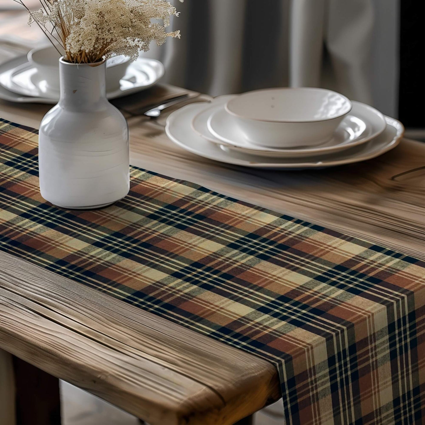 Black, Brown, and Tan Homespun Plaid Table Runner Placemat pattern 1083