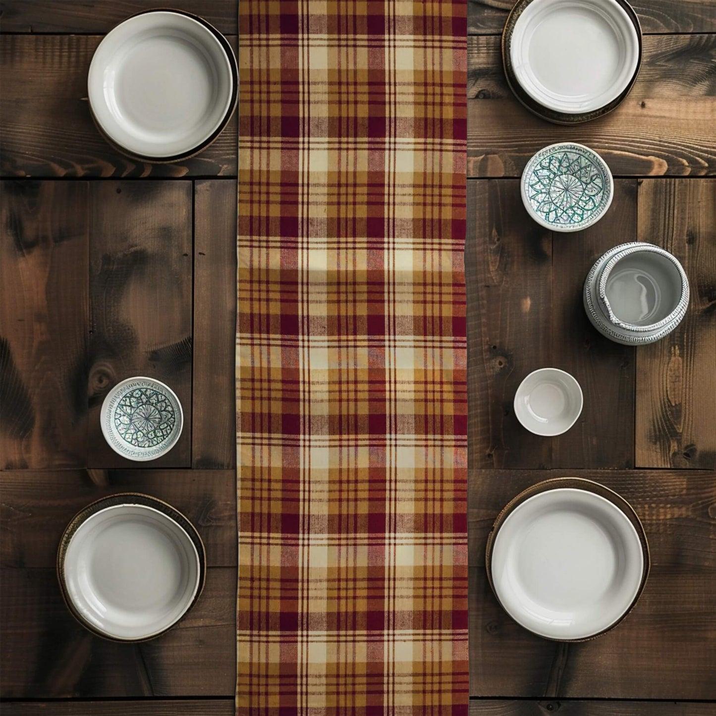 Red, Mustard, and Cream Homespun Plaid Table Runner Placemat pattern 1085