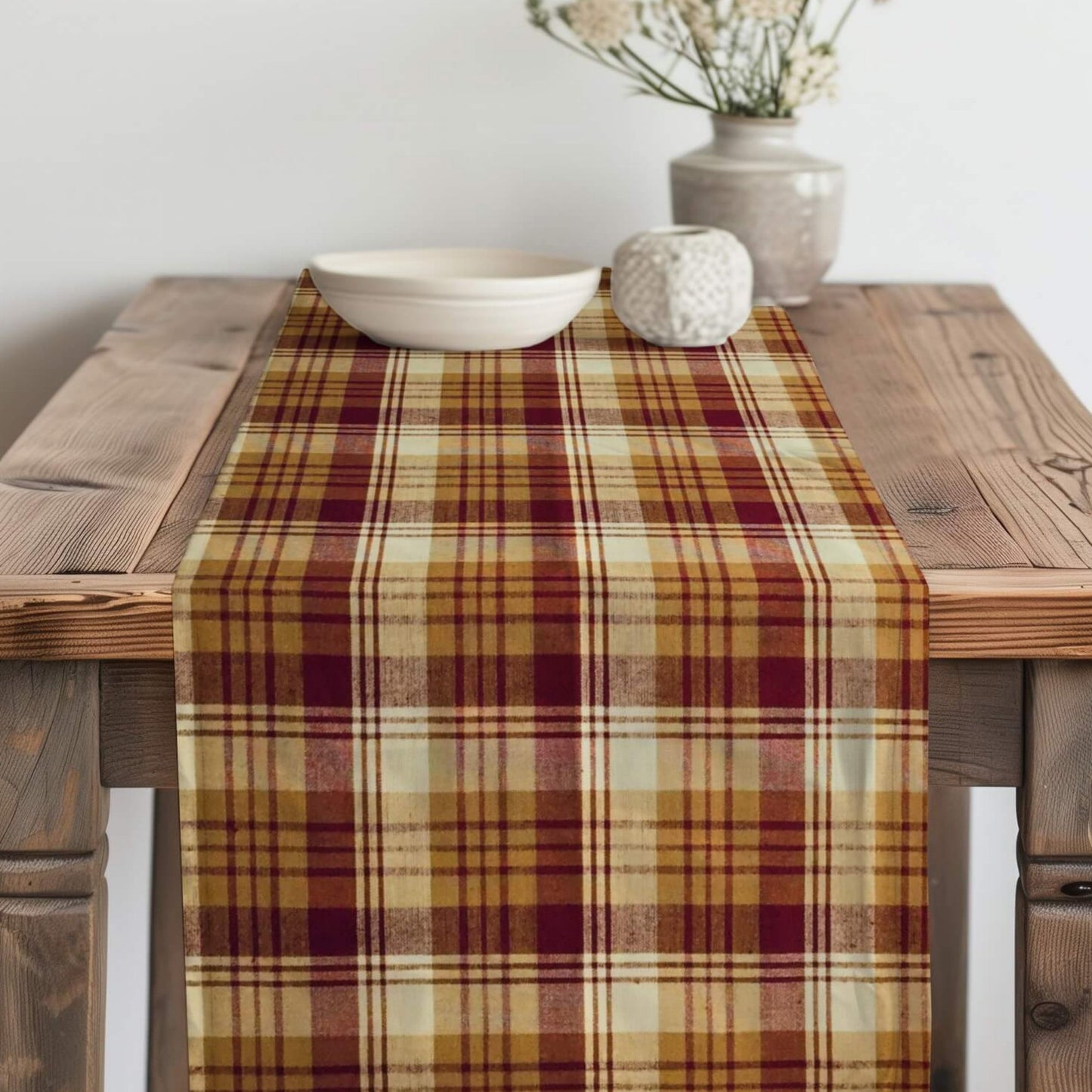 Red, Mustard, and Cream Homespun Plaid Table Runner Placemat pattern 1085