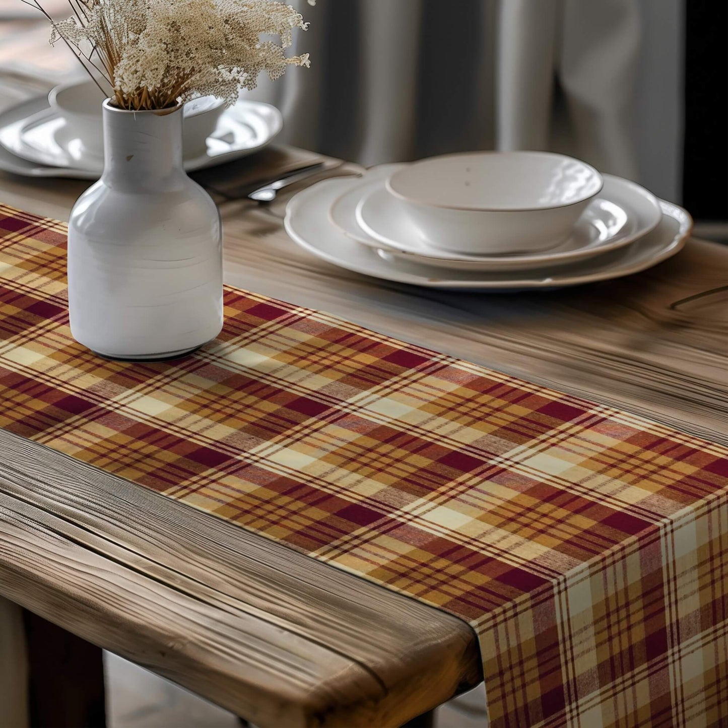 Red, Mustard, and Cream Homespun Plaid Table Runner Placemat pattern 1085