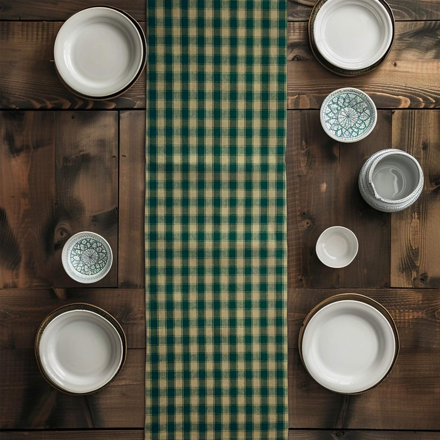 Green House Check Plaid Homespun Table Runner Placemat pattern 44