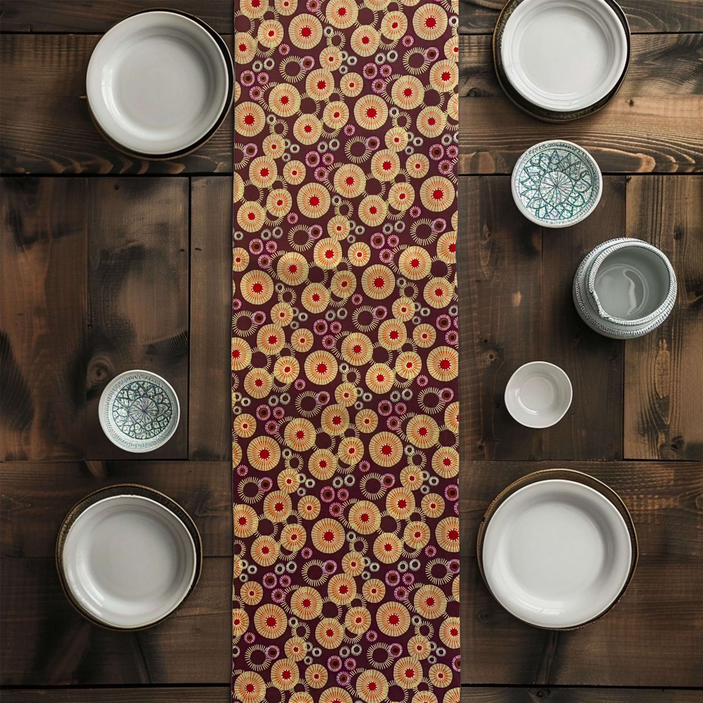 Chocolate Brown Medallion Sunburst Table Runners Placemats