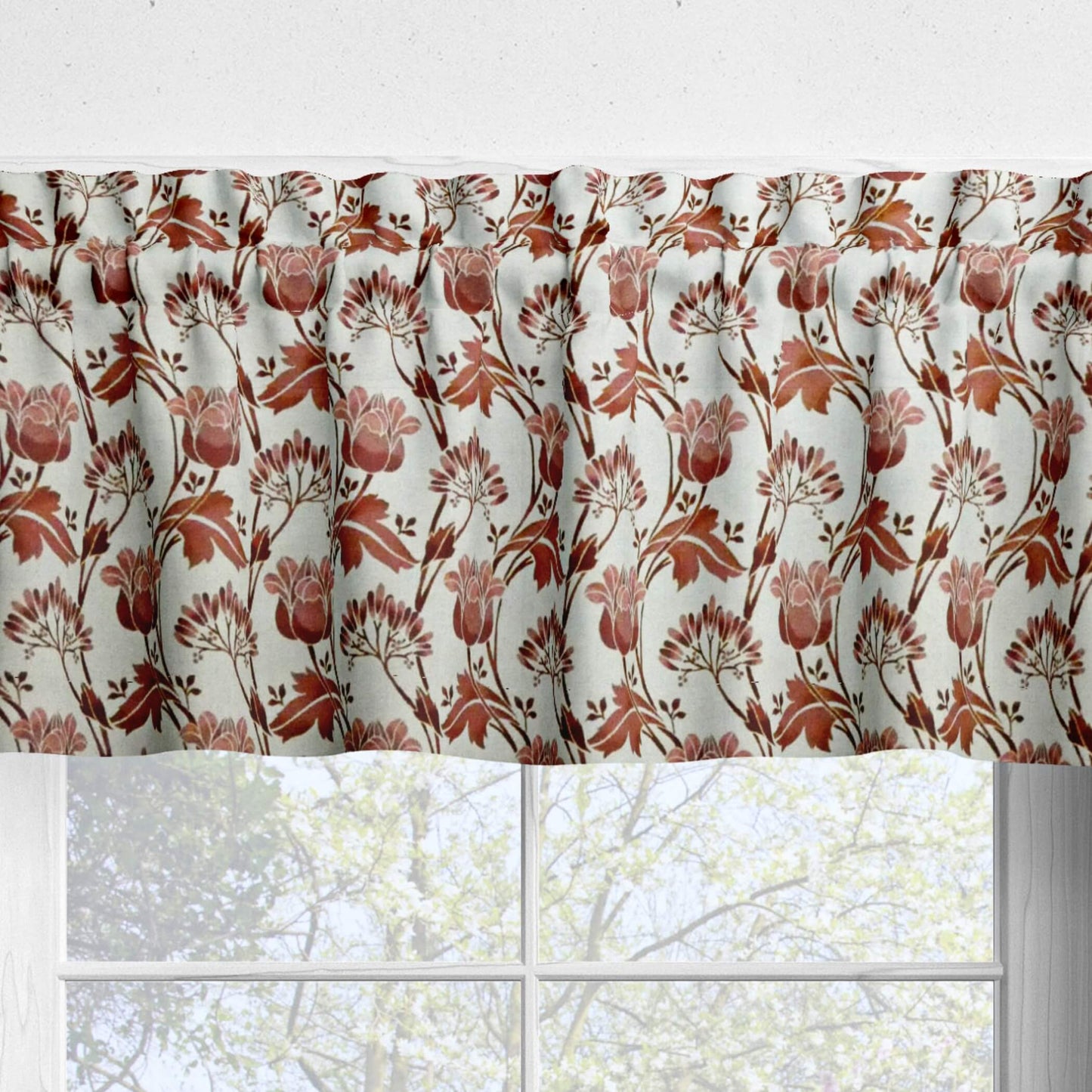 Coral Rose Tulip Floral Kitchen Valances and Cafe Curtains