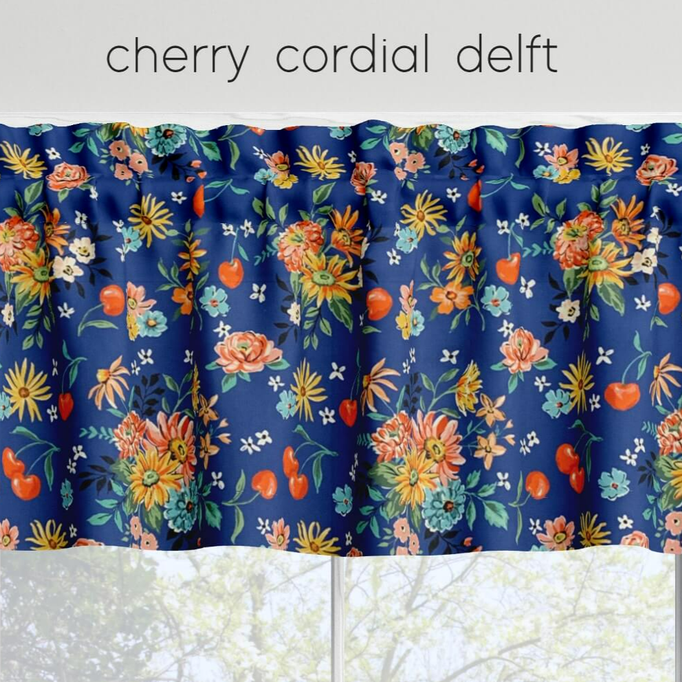 Cherry Cordial Valances Cafe Curtains Custom Made to Order color delft blue