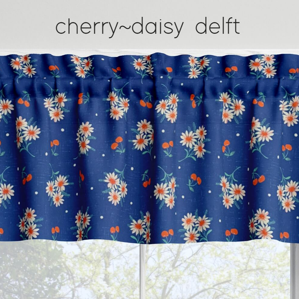 Cherry Daisy Valances Cafe Curtains Custom Made to Order color delft blue