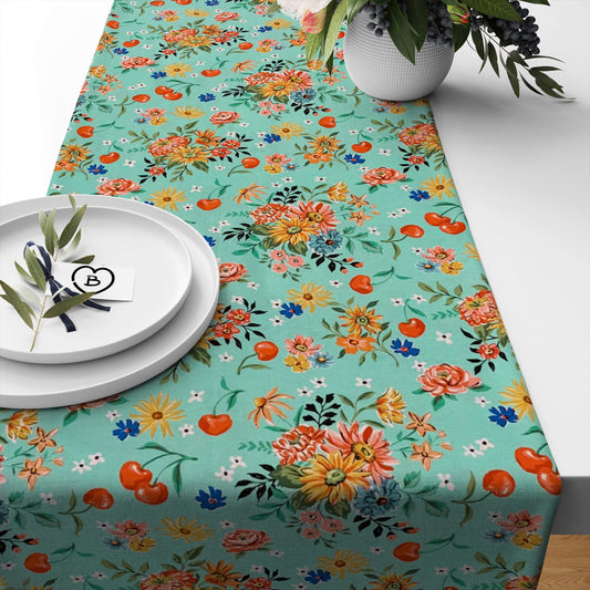 Cherry Cordial Robin's Egg Blue Floral Table Runners and Placemats