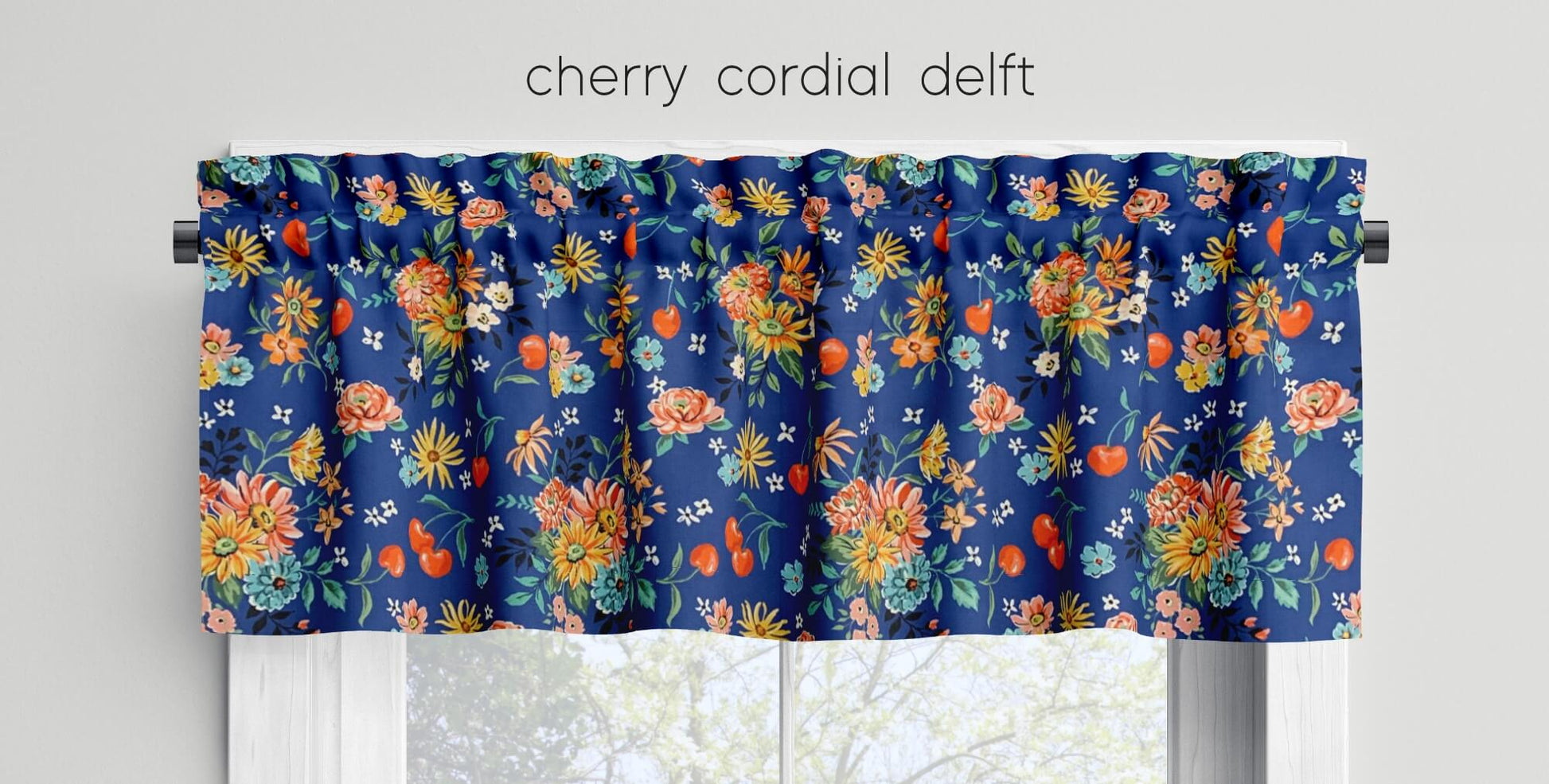 Cherry Cordial Valances Cafe Curtains Custom Made to Order color delft blue