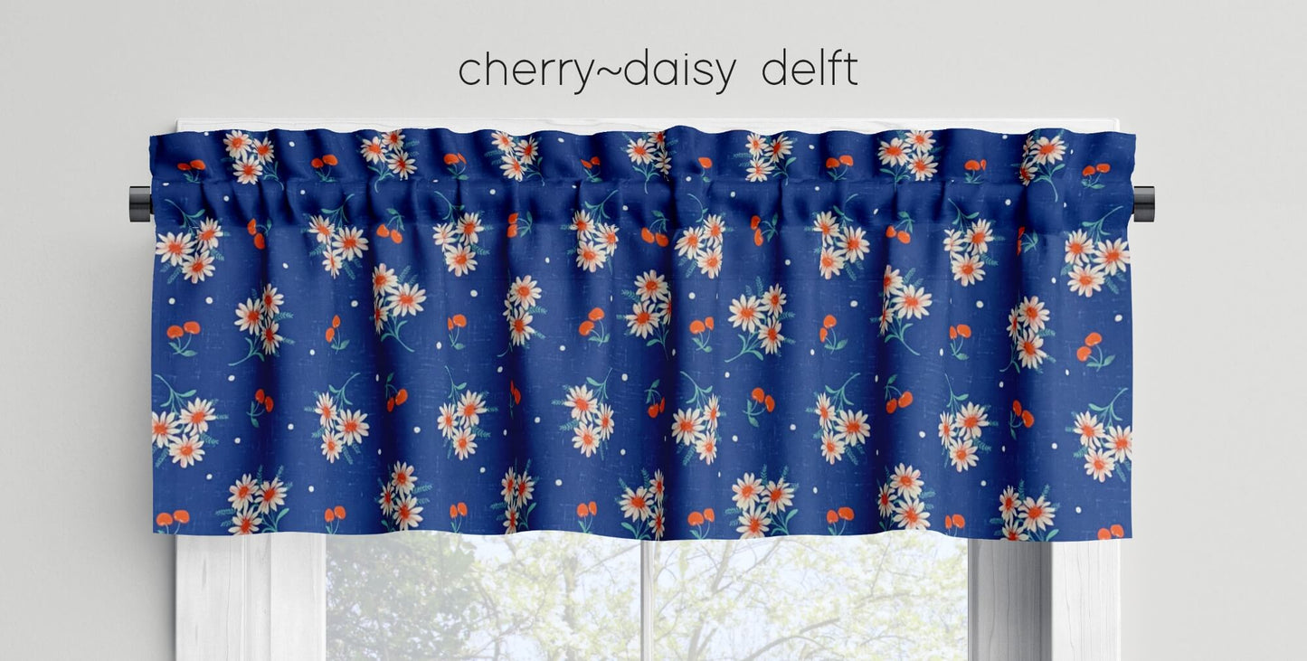 Cherry Daisy Valances Cafe Curtains Custom Made to Order color delft blue