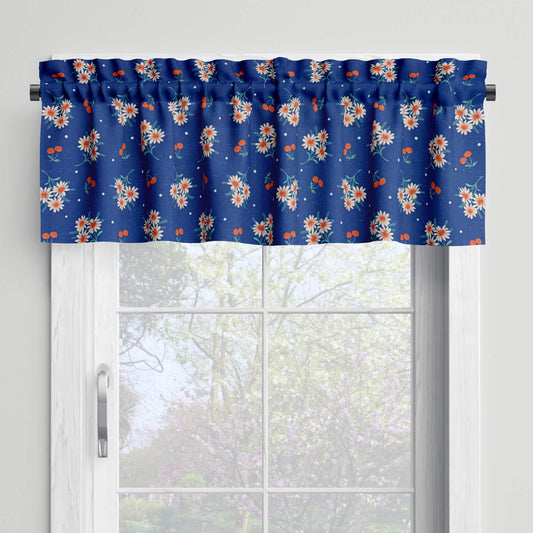 Delft Blue Cherry Daisy Valances and Cafe Curtains