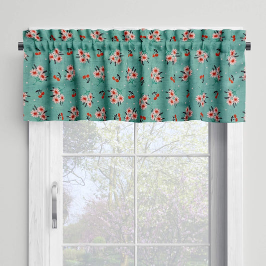 Robin's Egg Blue Cherry Daisy Valances and Cafe Curtains