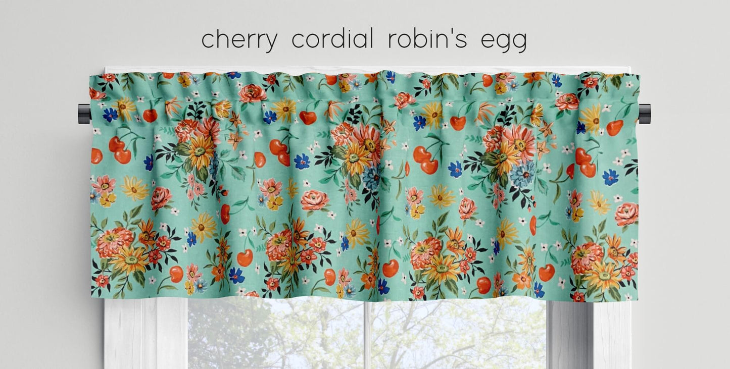 Cherry Cordial Valances Cafe Curtains Custom Made to Order color robin's egg