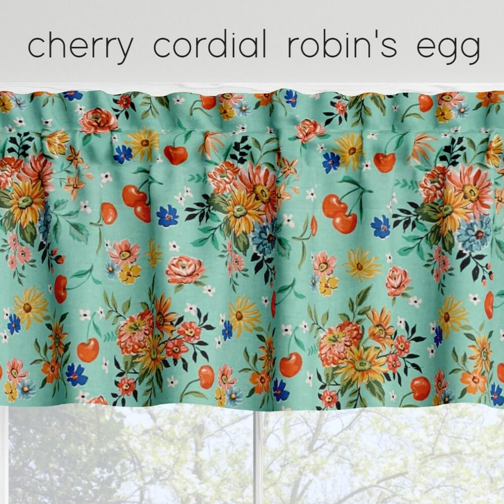 Cherry Cordial Valances Cafe Curtains Custom Made to Order color robin's egg