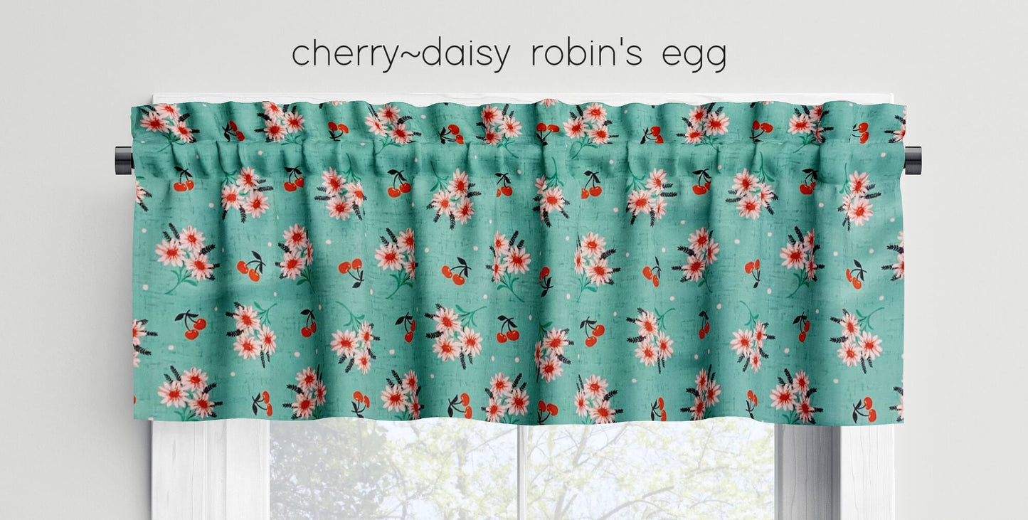 Cherry Daisy Valances Cafe Curtains Custom Made to Order color robin's egg