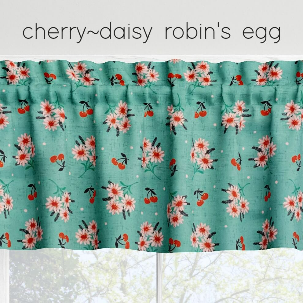 Cherry Daisy Valances Cafe Curtains Custom Made to Order color robin's egg