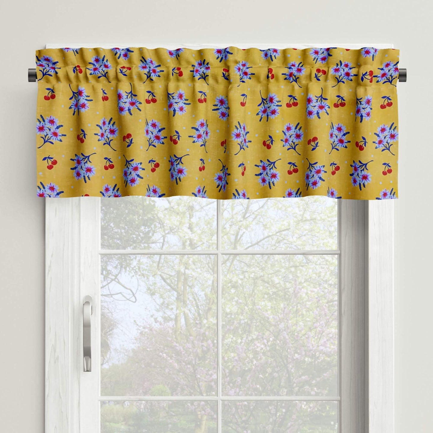 Lemon Zest Yellow Cherry Daisy Valances and Cafe Curtains