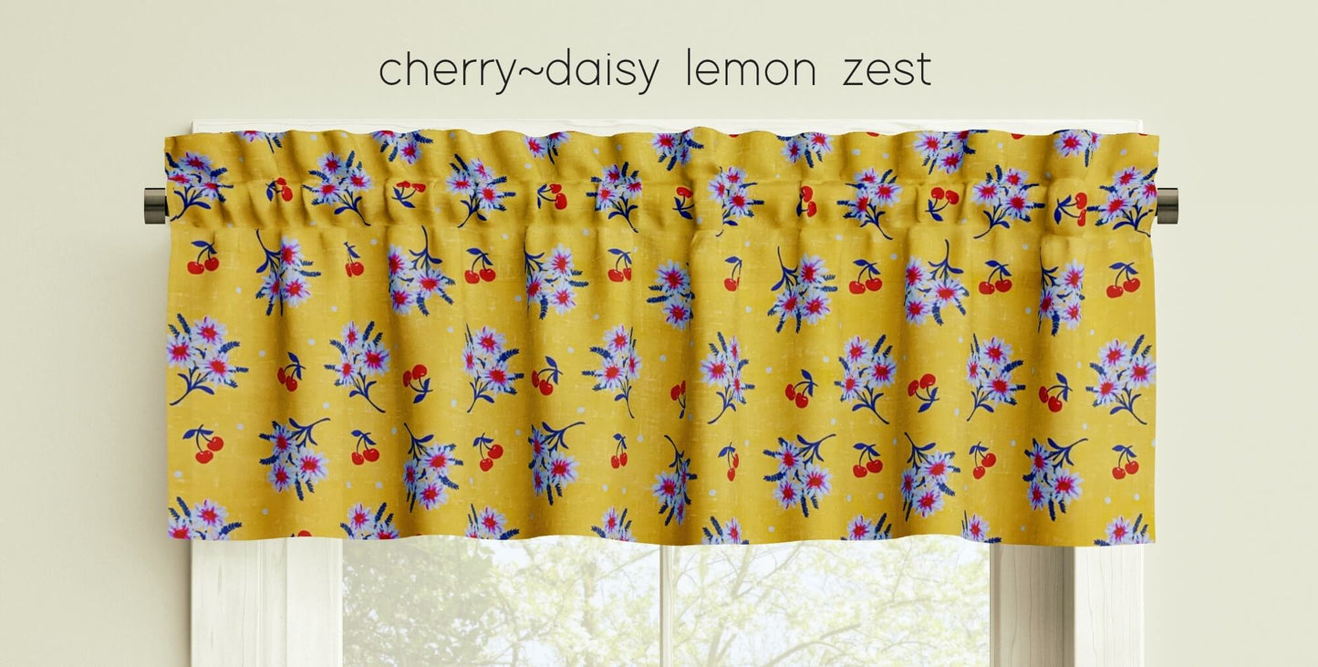 Cherry Daisy Valances Cafe Curtains Custom Made to Order color lemon zest