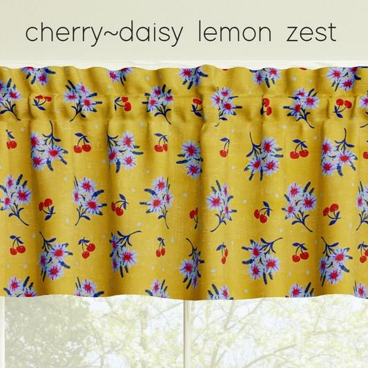 Cherry Daisy Valances Cafe Curtains Custom Made to Order color lemon zest