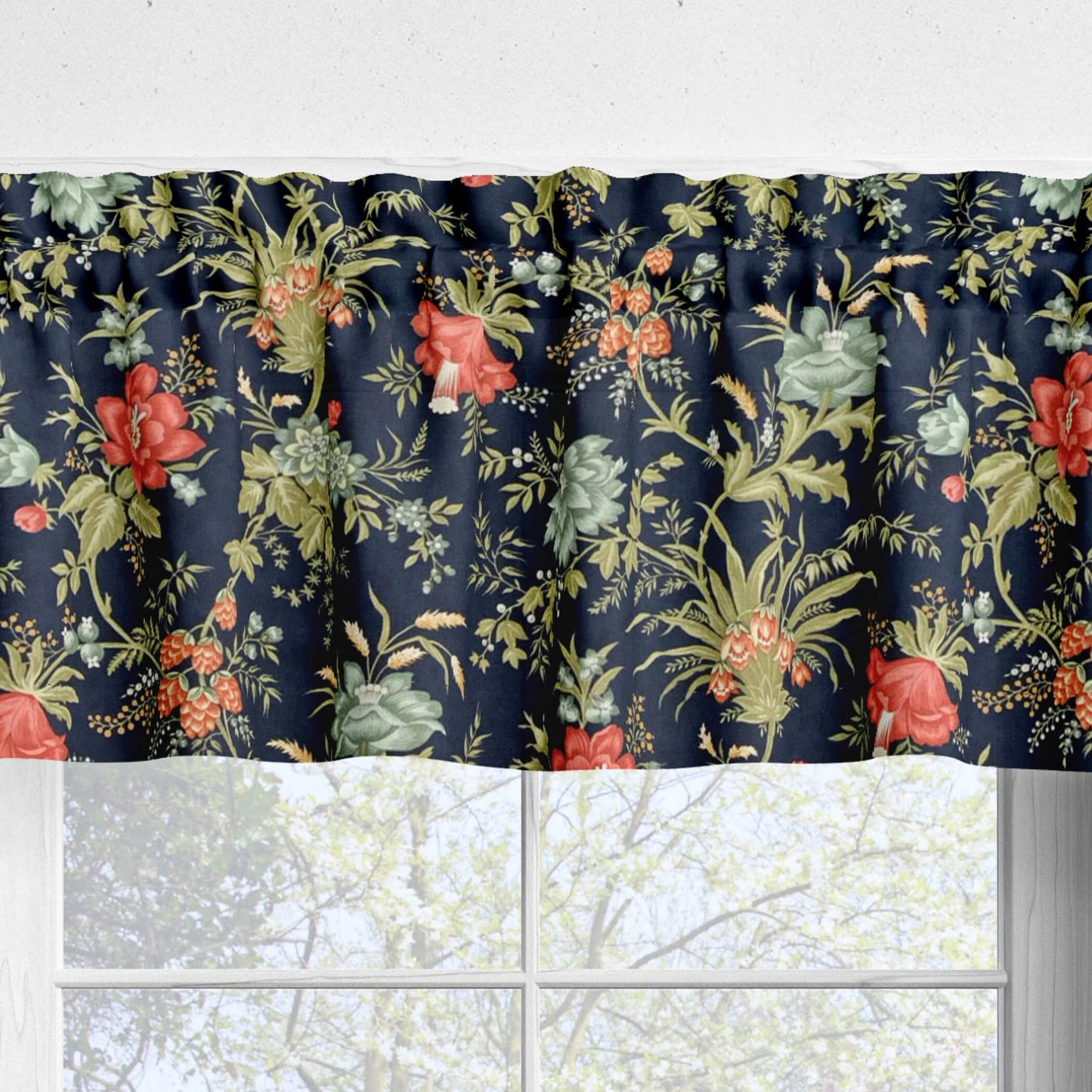 Nightshade Navy Blue French Country Floral Kitchen Valances and Cafe Curtains