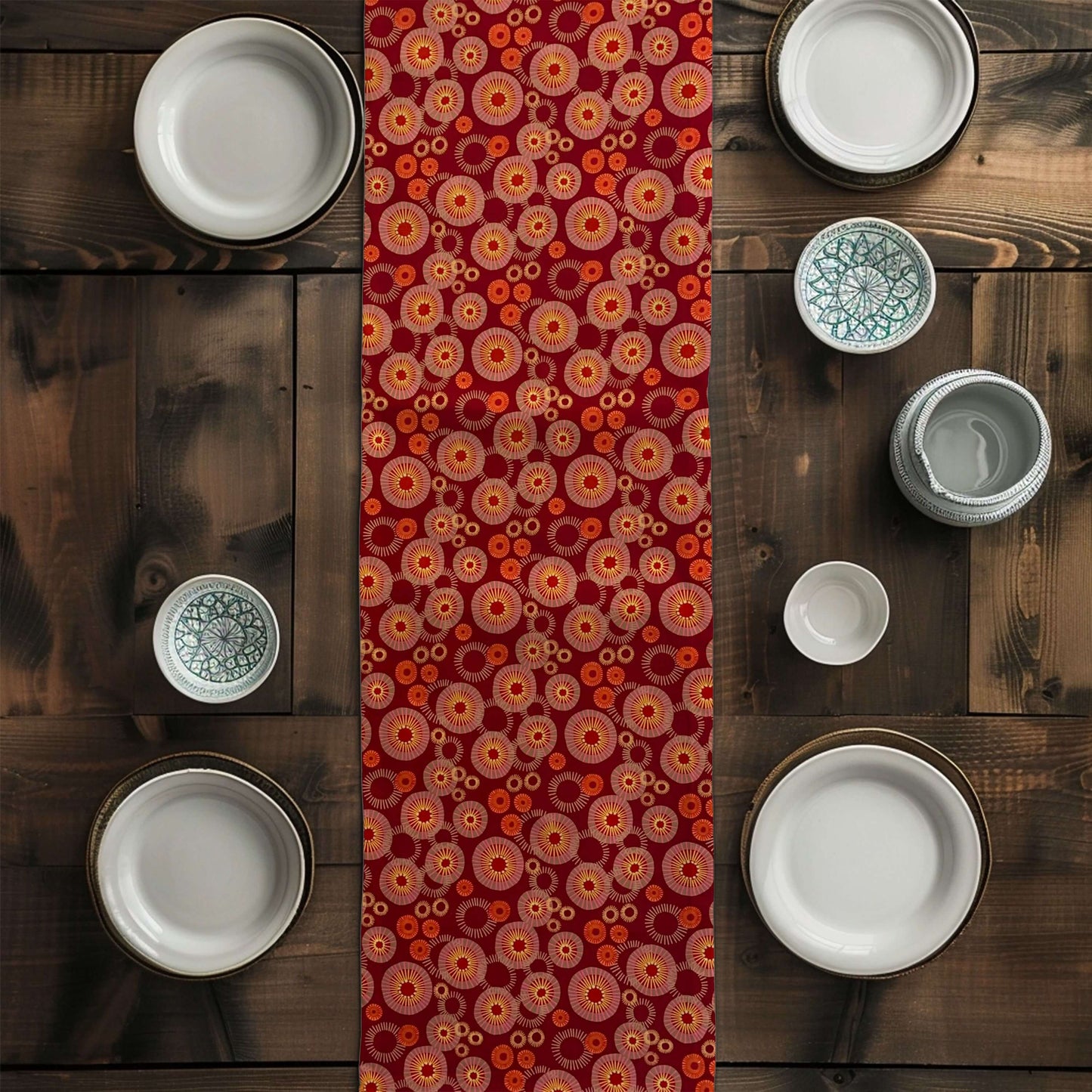 Cinnamon Red Medallion Sunburst Table Runners Placemats