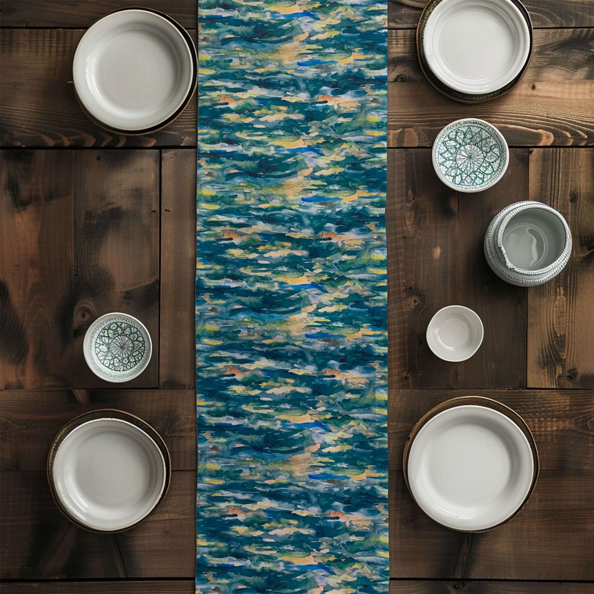 Teal Blue Reflections Abstract Desert Oasis Table Runners