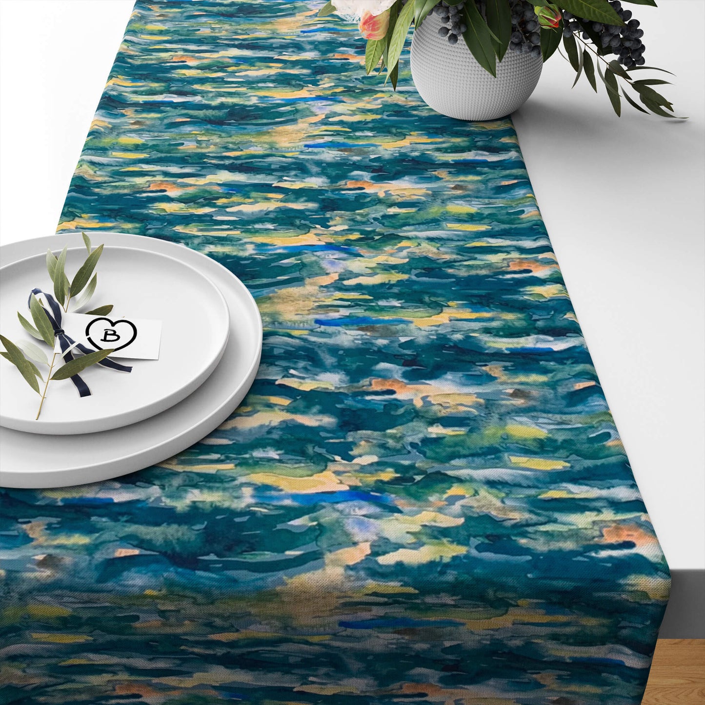 Teal Blue Reflections Abstract Desert Oasis Table Runners