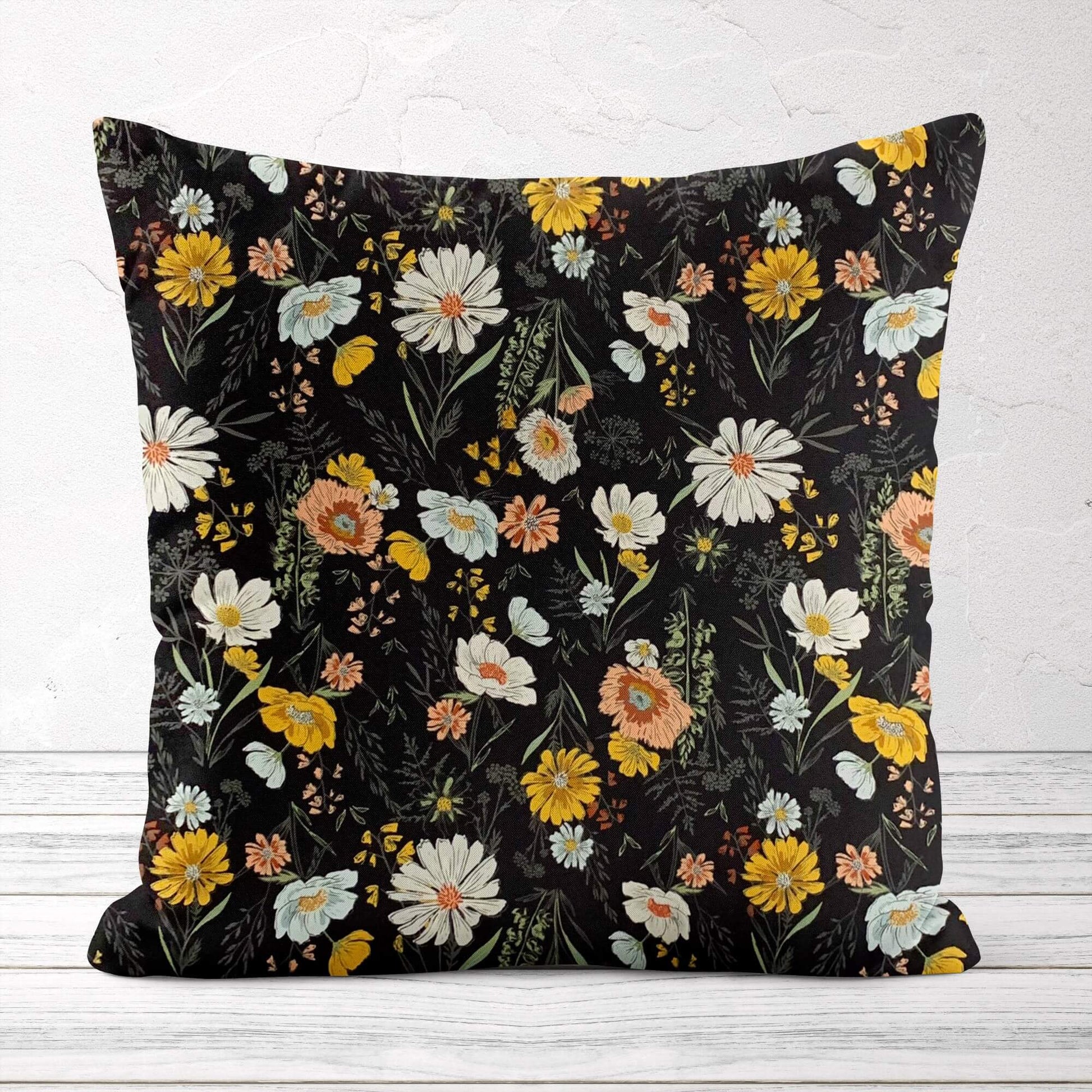 Woodland Wildflowers Charcoal Black Throw Pillow Covers and Euro Shams